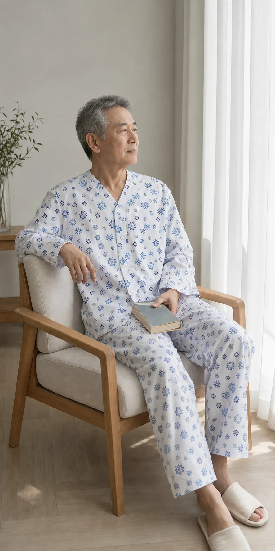 고령 남성의 블루 플로럴 패턴 환자복 에디토리얼 이미지